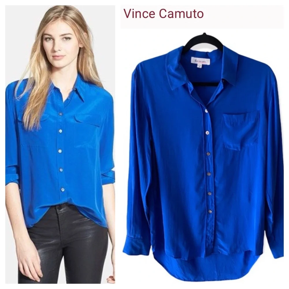 💙NWOT Vince Camuto 100%silk button down blue blouse - Picture 1 of 13